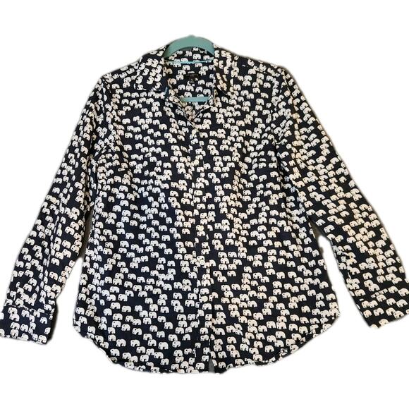 Talbots Top Women's Petite Medium Mp Elephant Novelty Button Up Shirt Roll‎ Tab - Picture 1 of 7
